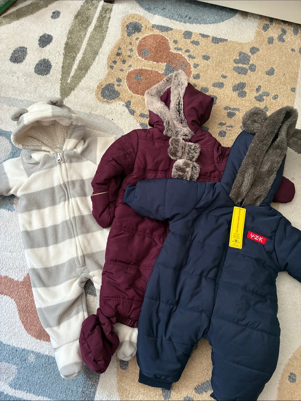 3 Baby Snowsuits - Cream Stripe, Burgundy & Navy